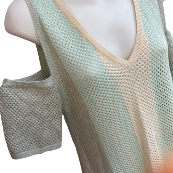 Sogi Cold Shoulder Mesh V-Neck Top Cream & Light Green Size M - Picture 4 of 8